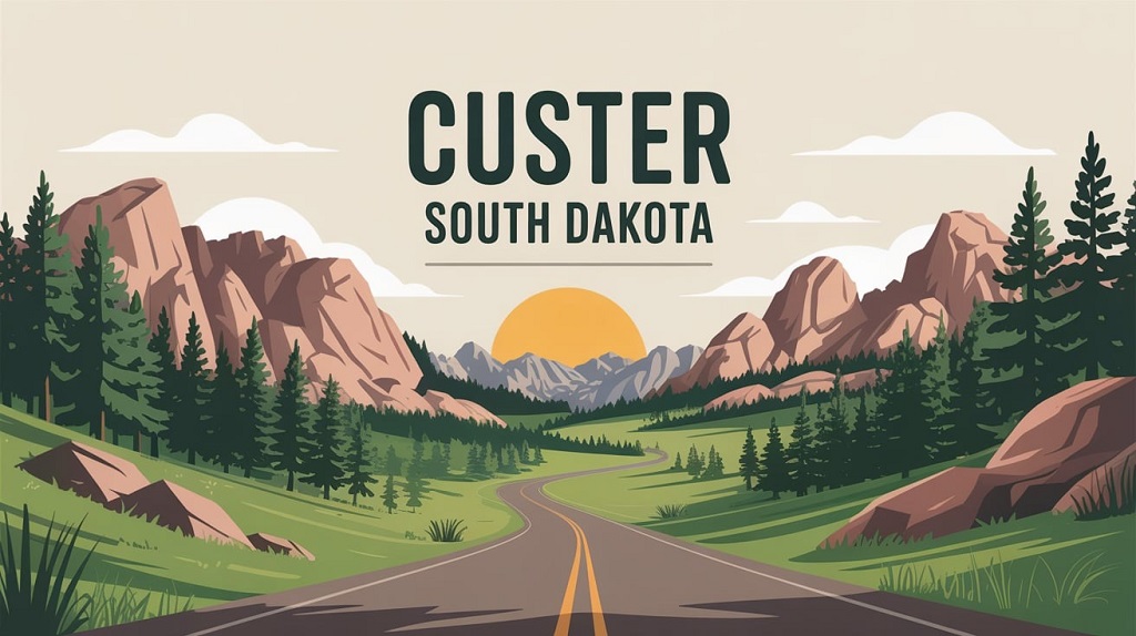 Scenic view of granite peaks, pine forests, and winding roads in Custer, South Dakota, representing outdoor adventures and travel experiences