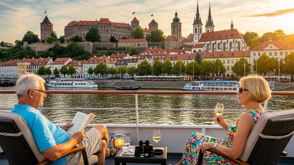 Elderly travelers relaxing on river cruise ship deck overlooking European castle and historic city waterfront