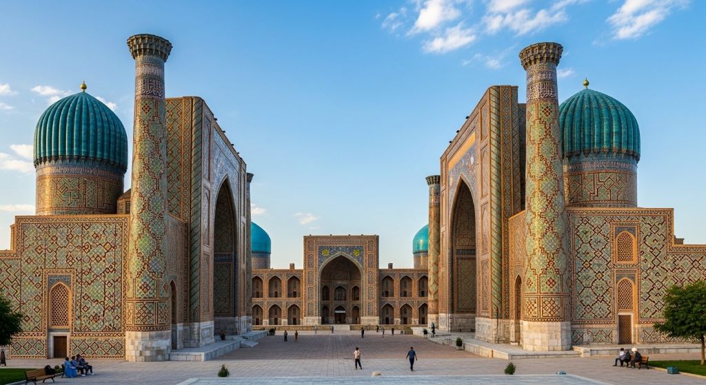 Ancient Islamic architecture of Registan Square in Samarkand Uzbekistan with three ornate madrasahs covered in blue tiles