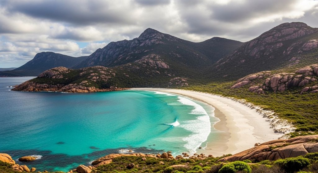 Dramatic turquoise waters of Wineglass Bay in Freycinet National Park Tasmania with white sand beach and granite mountains
