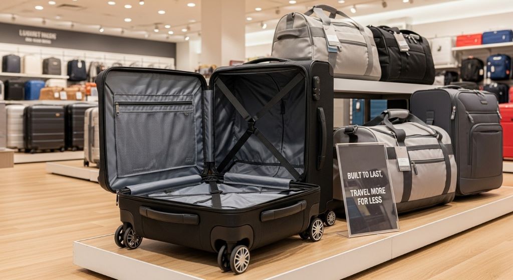 Durable cheap suitcase with reinforced corners and quality wheels displayed next to lightweight luggage options for budget travelers