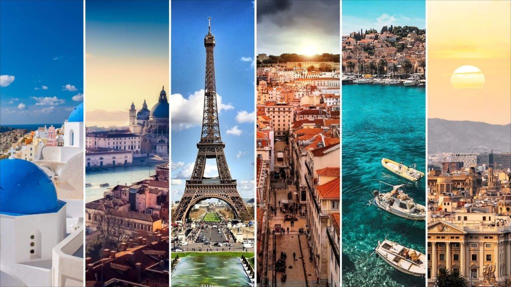 Concept showing travel itinerary across several European countries in one journey.
