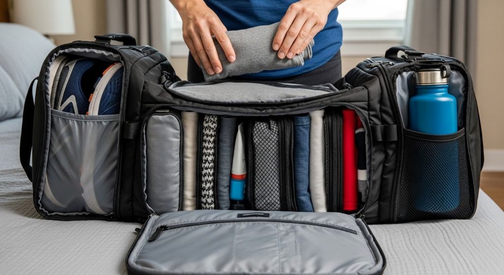 Person packing organized duffel bag with separate shoe compartment and water bottle holder for weekend trip