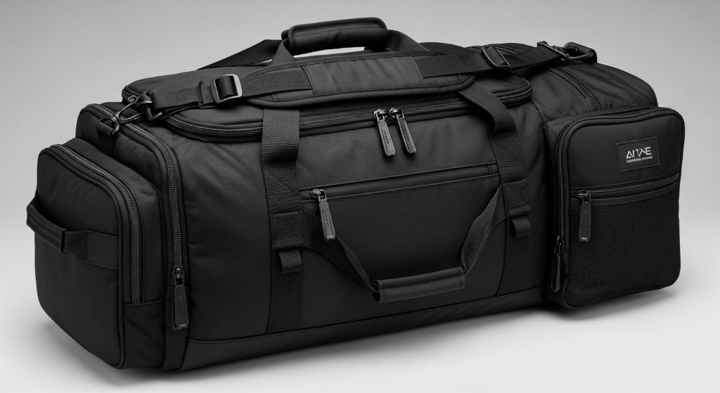 Durable black duffel bag with multiple compartments and padded shoulder straps for travel and gym use