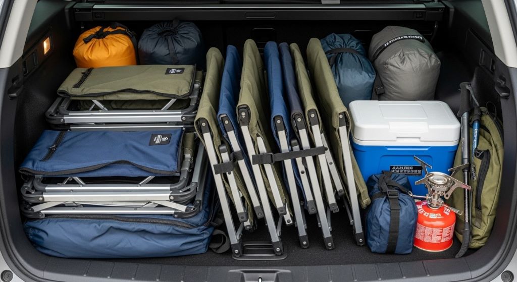 Multiple packable outdoor chairs efficiently stored in vehicle trunk with camping gear