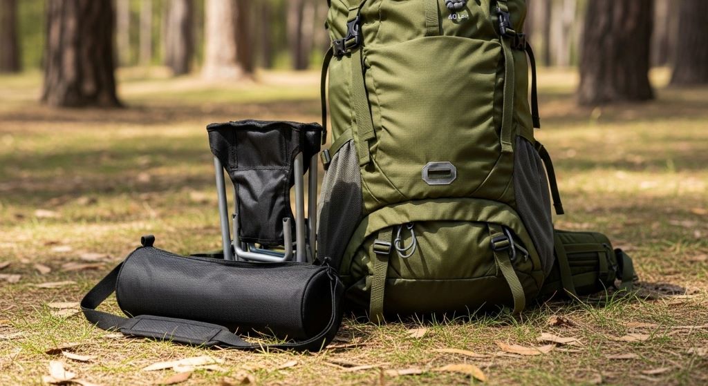 Compact camping chair folded into small carrying case next to backpack for easy transport