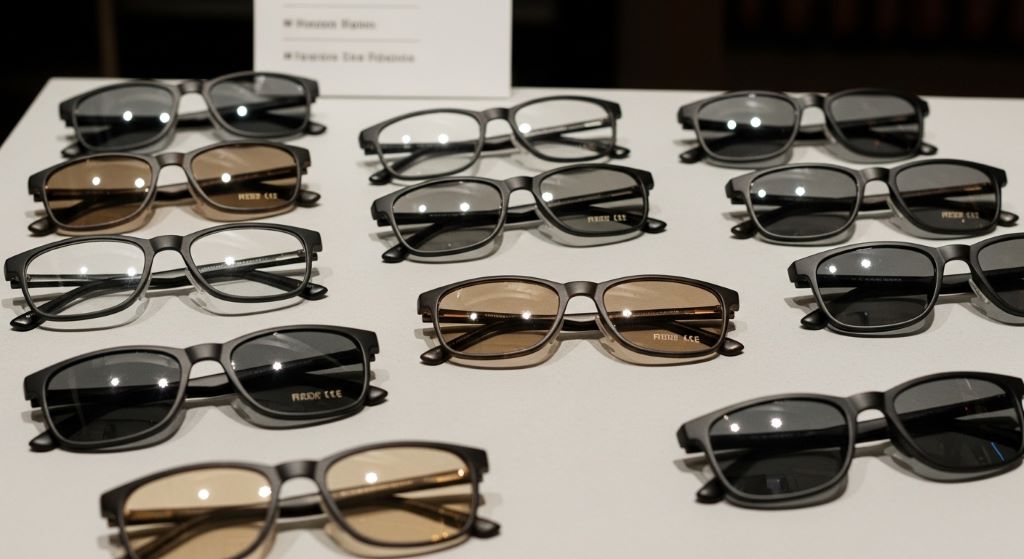 Collection of branded eyewear for men displayed on a surface