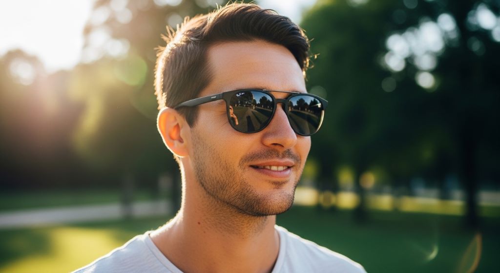 Man wearing affordable designer sunglasses outdoors in sunlight