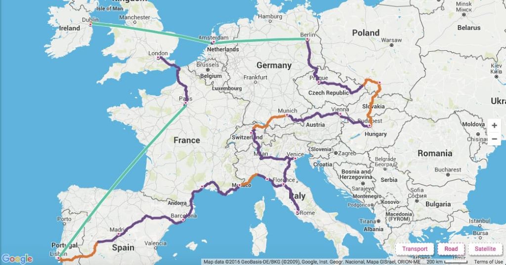 Map showing optimized travel routes across Europe with transport connections between major cities