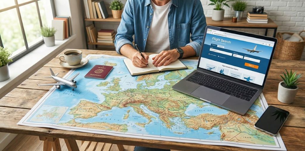 Traveler planning multi-country Europe itinerary on laptop with train and flight options