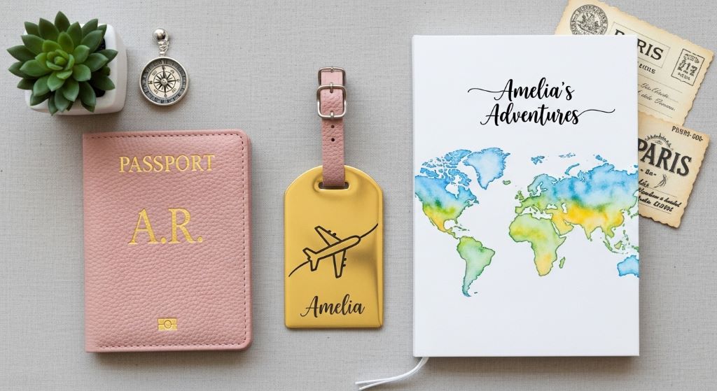 A flat lay of custom travel accessories for women including a monogrammed leather passport holder, engraved luggage tag, and personalized travel journal arranged on a neutral linen surface