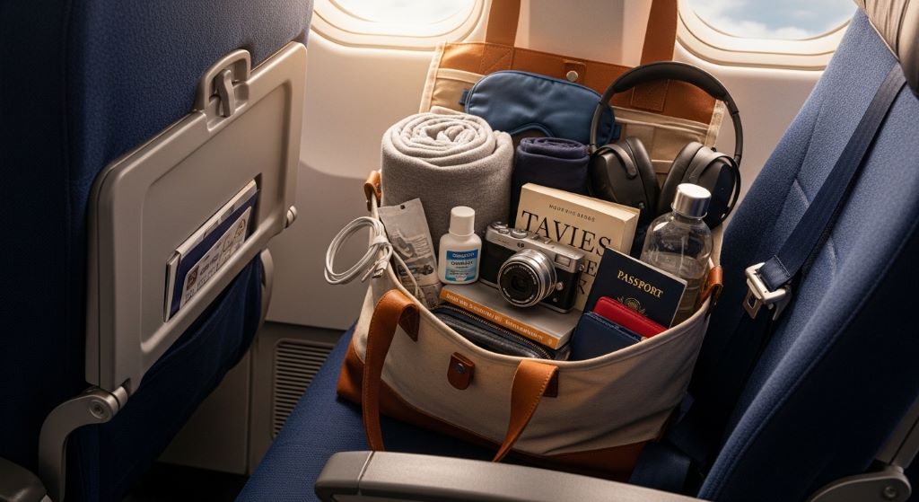 Organized open tote bag filled with travel essentials on an airplane seat