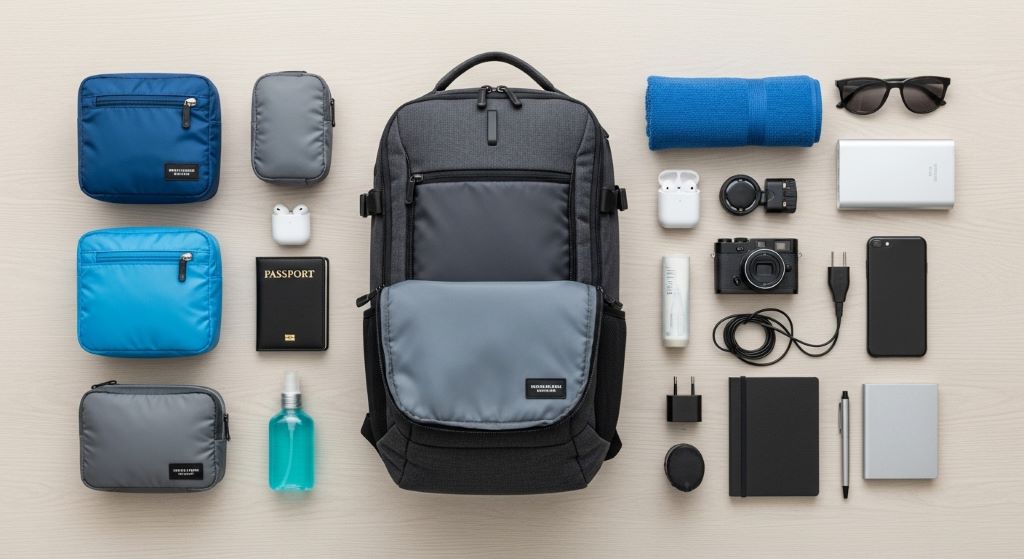 A well-organized travel flatlay showing gear for travelers including a backpack, packing cubes, wireless earbuds, passport holder, and a power bank on a wooden surface